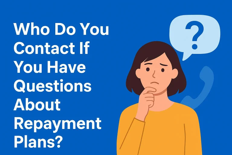 Illustration of a thoughtful woman with a question mark above her head and the text “Who Do You Contact If You Have Questions About Repayment Plans?” representing student loan repayment guidance.