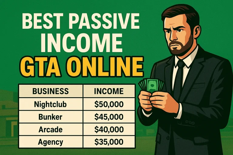 A GTA Online player standing in front of a nightclub safe full of money, representing the best passive income GTA Online.
